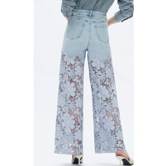 Bayeas High Waist Crystal Embellished Lace Wide Leg Jeans 26 Lesley Blue Boho - Picture 2 of 11